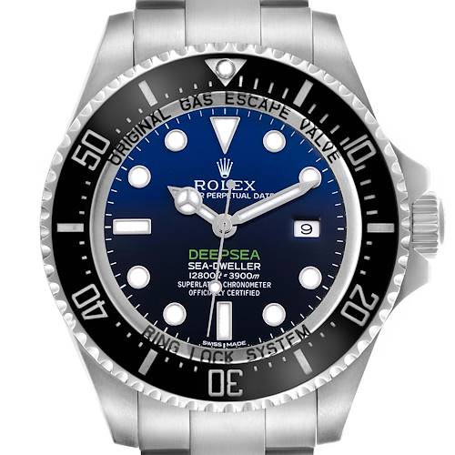 The image shows a front view of the Rolex Sea-Dweller watch, highlighting its dial, bezel, and crown.