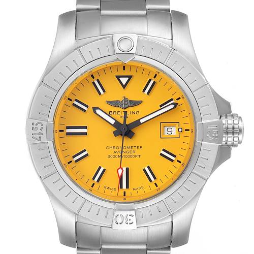 The image shows a front view of a Breitling Avenger watch displaying its yellow dial, bezel, and bracelet.