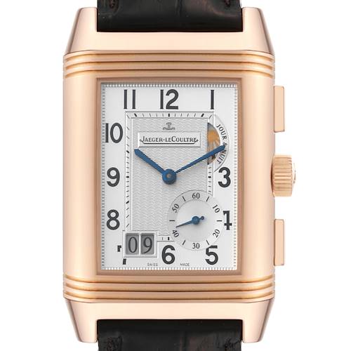 The image shows a close-up, front view of the Jaeger-LeCoultre Reverso watch face, highlighting its rectangular dial and intricate details.