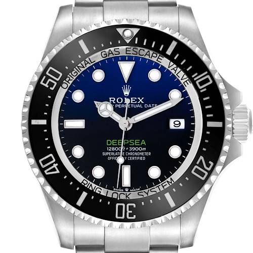 The Rolex Sea-Dweller watch is shown from a front view, highlighting the dial, bezel, and part of the bracelet.
