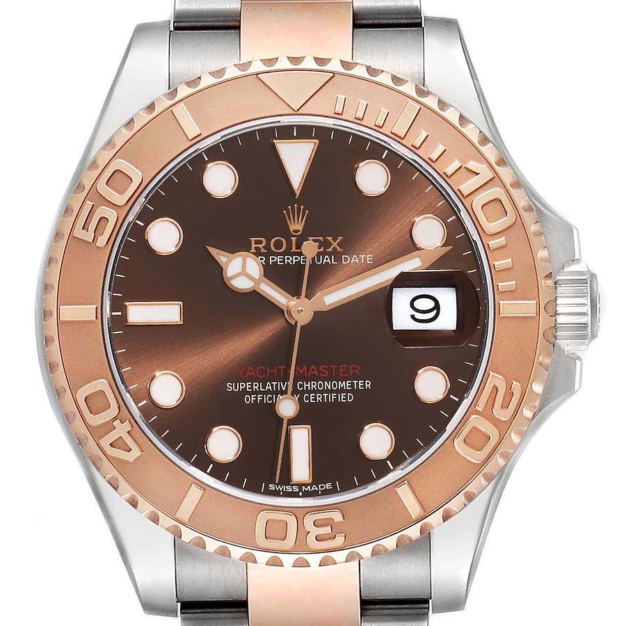 The image shows a frontal view of the Rolex Yacht-Master watch, highlighting its dial, bezel, and part of the bracelet.