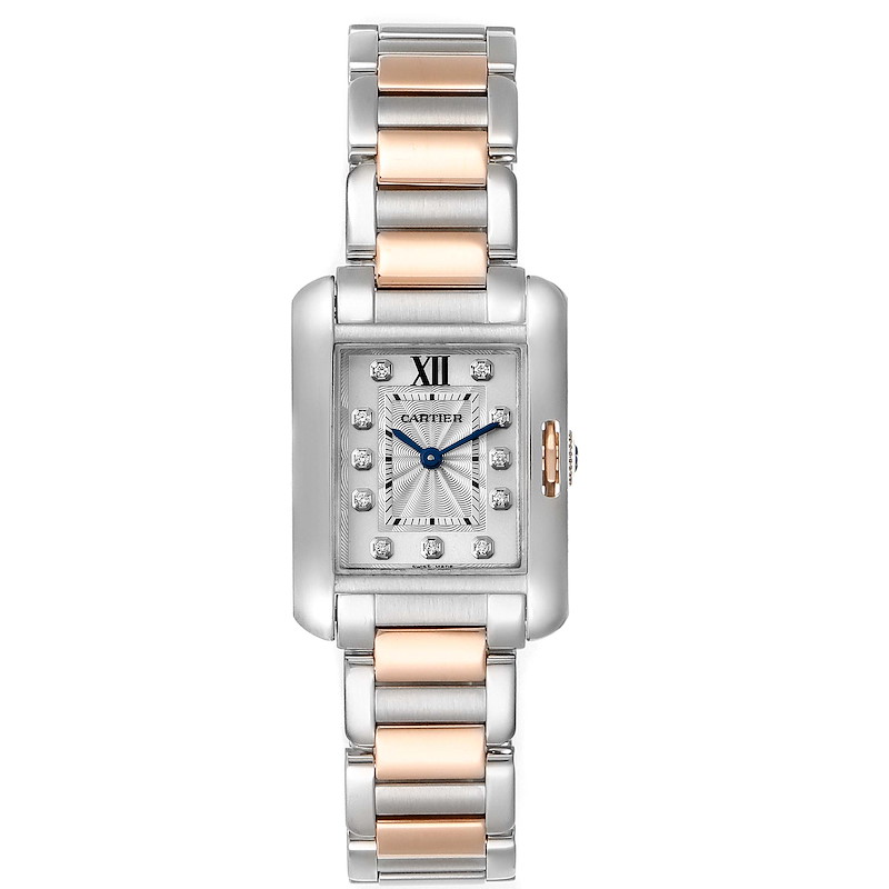 The image displays a frontal view of the Cartier Tank Anglaise watch, showcasing its dial, case, and bracelet.