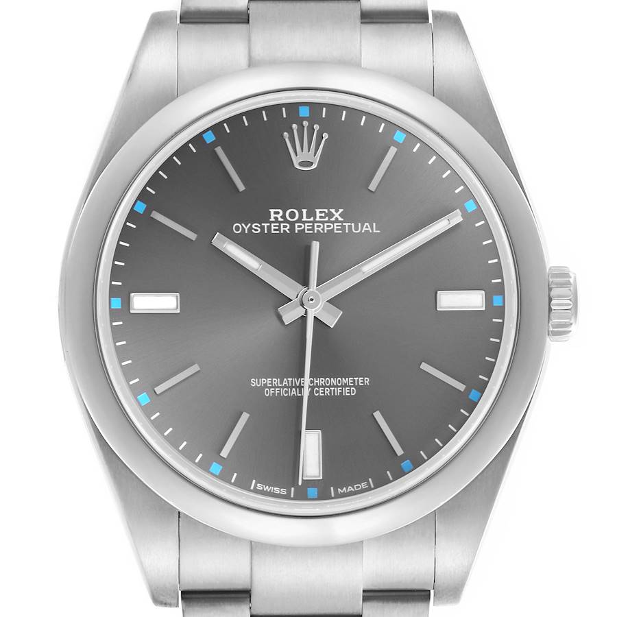The image shows a front view of a Rolex Oyster Perpetual watch, displaying the dial, hour markers, hands, and part of the bracelet.