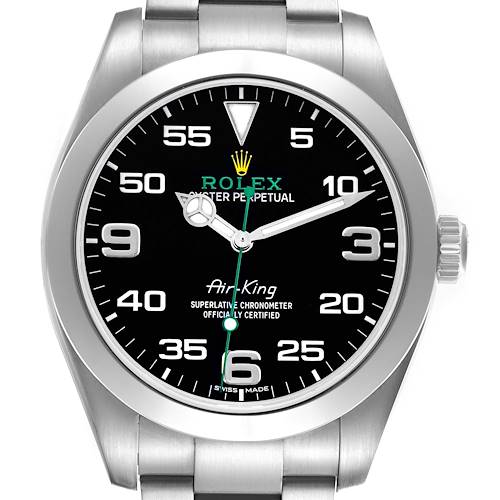The image shows a front view of the Rolex Air-King watch, displaying its bezel, dial, crown, and bracelet.