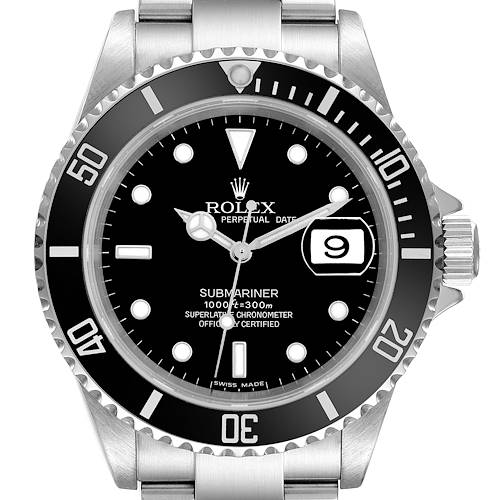The Rolex Submariner watch is shown from a frontal angle, featuring the dial, hands, bezel, and part of the bracelet.