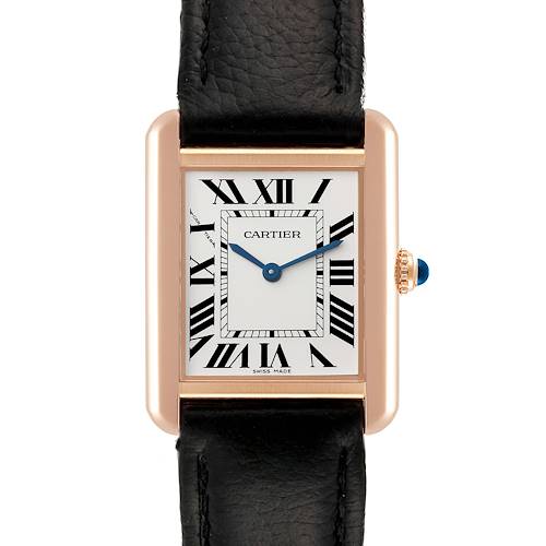 This image shows a Cartier Tank Solo watch from the front, highlighting the face, Roman numerals, hands, and part of the leather strap.
