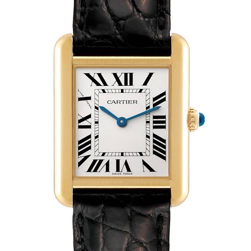 This image shows a front view of the Cartier Tank Solo watch, displaying the face, bezel, and part of the strap.