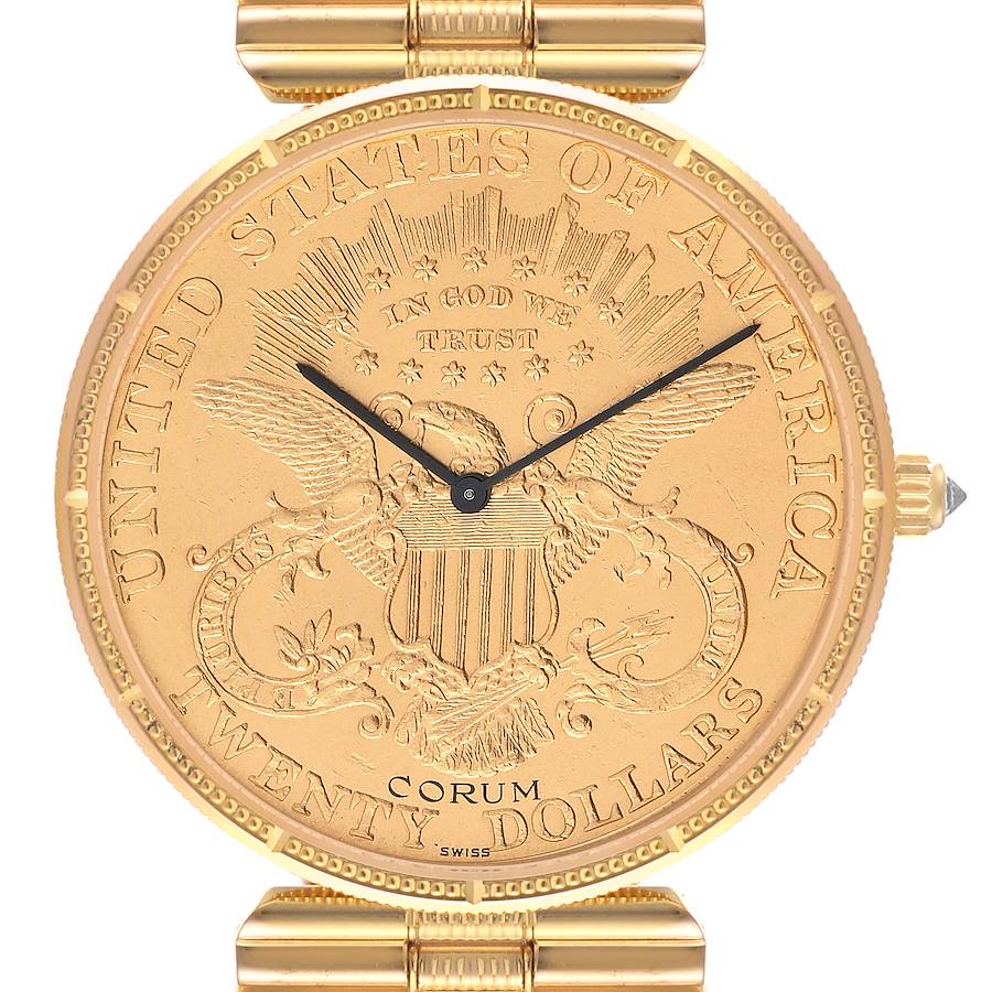The Corum Coin Watch model is shown from a front angle, displaying its intricately detailed face and round case.