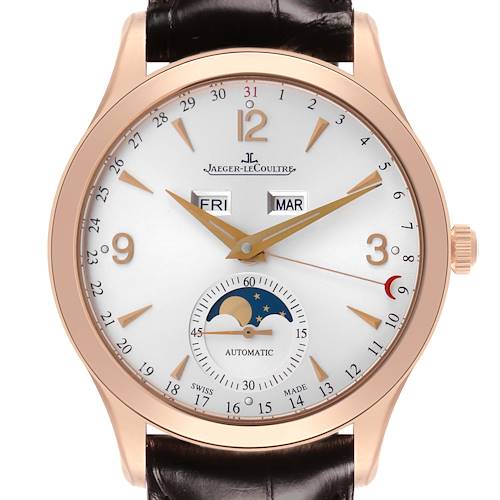 The Jaeger LeCoultre Master model watch is shown from the front, displaying the dial with day, month, and moon phase indicators.