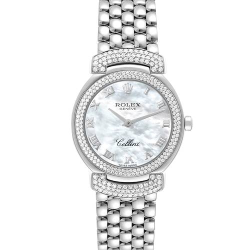 This image shows a front view of a Rolex Cellini watch, highlighting its dial, bezel, crown, and bracelet.