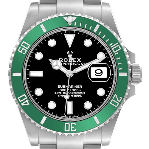 The image shows a front view of a Rolex Submariner, highlighting the green bezel, black dial, and date window.