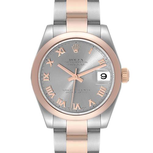 The Rolex Mid-Size watch is shown from the front, highlighting the dial, bezel, crown, and bracelet.