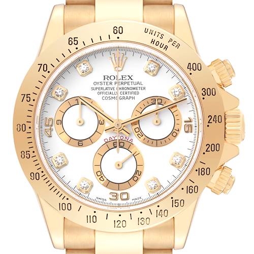 The image shows a front view of the Rolex Daytona watch, highlighting its dial, bezel, subdials, and bracelet.