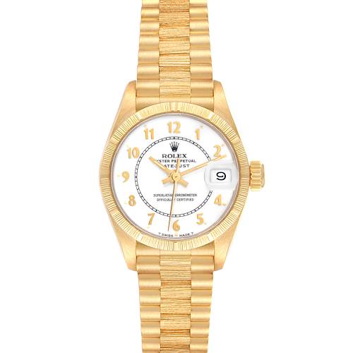 This image shows the front view of the Rolex President model watch, displaying its dial, bezel, and bracelet.