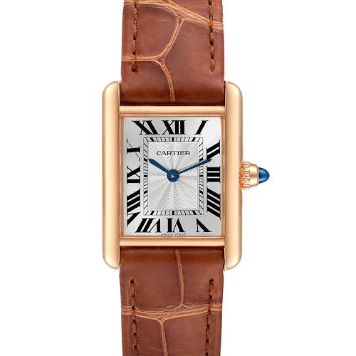 The image shows a front view of a Cartier Tank Louis watch, highlighting the dial, Roman numerals, gold case, and leather strap.