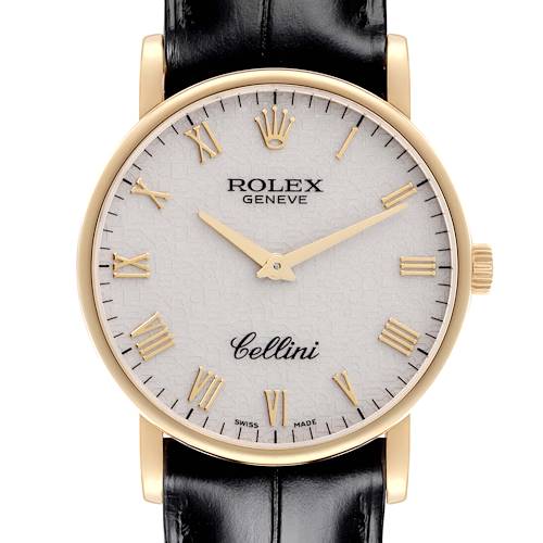 The Rolex Cellini watch is shown from a front angle, displaying the face, gold case, and black leather strap.