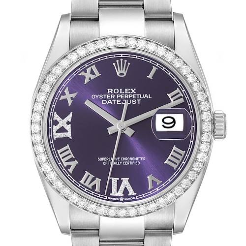This Rolex Datejust watch is shown from a front view, highlighting its dial, hands, bezel, and part of the bracelet.