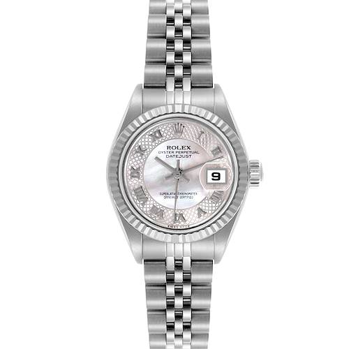 The Rolex Datejust watch is shown from a top-down angle, highlighting the dial, bezel, crown, and bracelet.