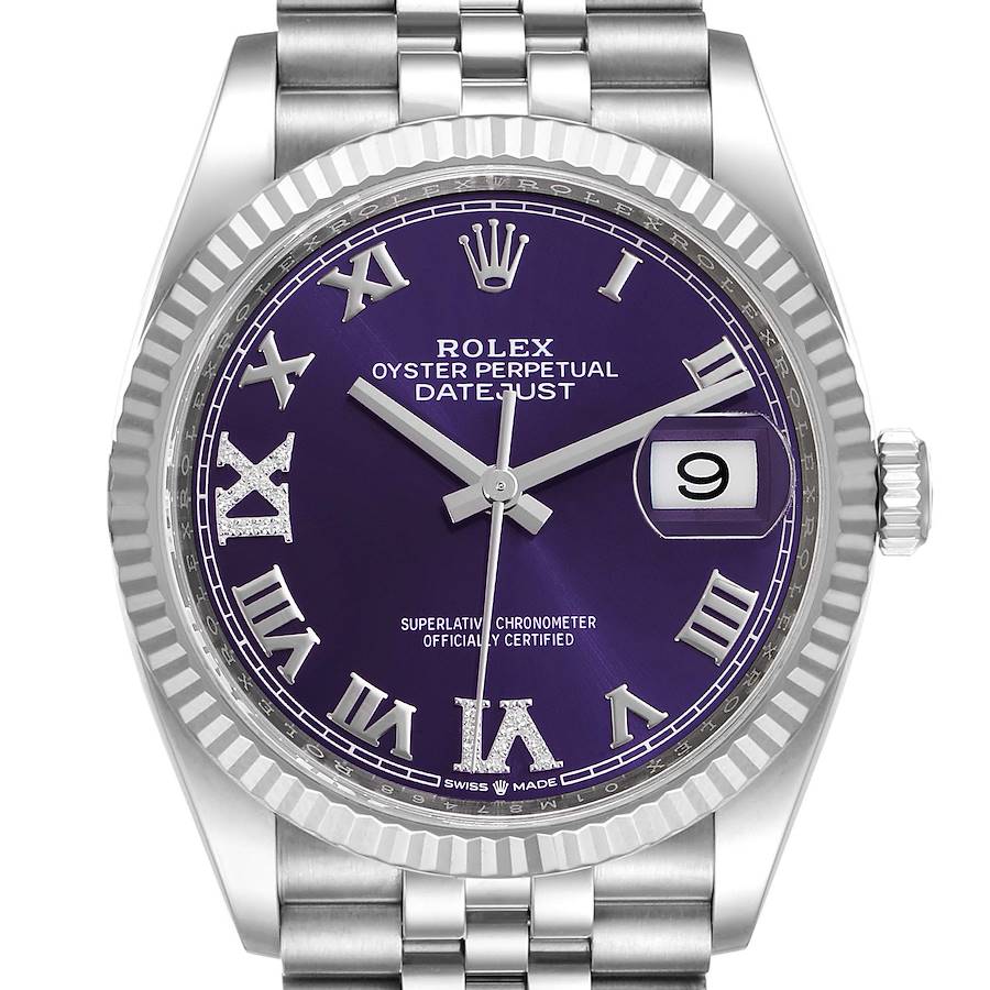 This image shows a front view of the Rolex Datejust watch, highlighting the dial, bezel, and bracelet.