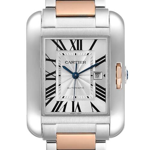 The image shows a front view of a Cartier Tank Anglaise watch, highlighting its dial, Roman numerals, hands, date window, and part of the bracelet.