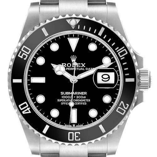 The image shows a frontal view of the Rolex Submariner watch, highlighting its face, bezel, and part of the bracelet.