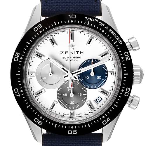 This image shows a front view of the Zenith Chronomaster watch, displaying its face, subdials, and bezel.