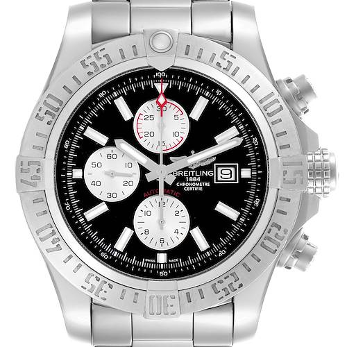 The Breitling Avenger watch is shown from a front angle, highlighting the dial, bezel, and chronograph subdials.