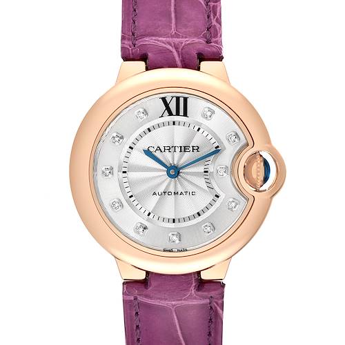 The image shows a Cartier Ballon Bleu watch from a front angle, highlighting its dial, hands, bezel, and strap.
