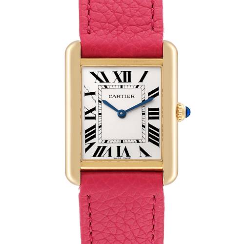 This image shows a front view of a Cartier Tank Solo watch with a pink leather strap.