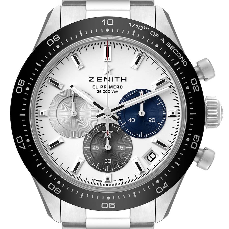 The image shows a front view of the Zenith Chronomaster watch, highlighting its dial and chronograph features.