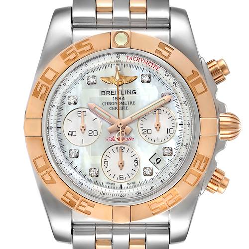 The image shows a front view of a Breitling Chronomat watch, highlighting its face, bezel, and part of the bracelet.