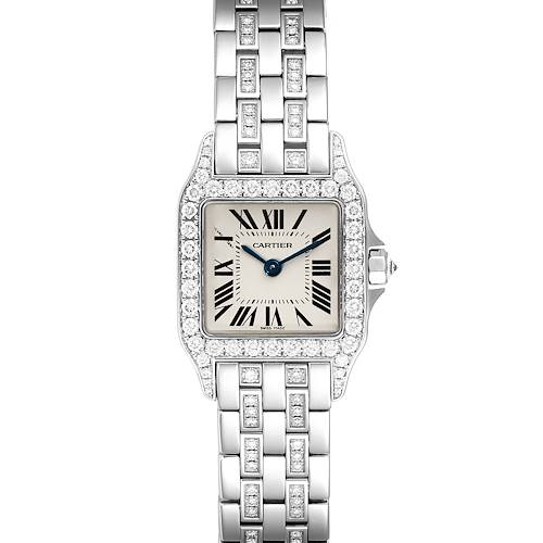 The image shows a front view of the Cartier Santos Demoiselle watch, highlighting its diamond-studded bezel and metal link bracelet.