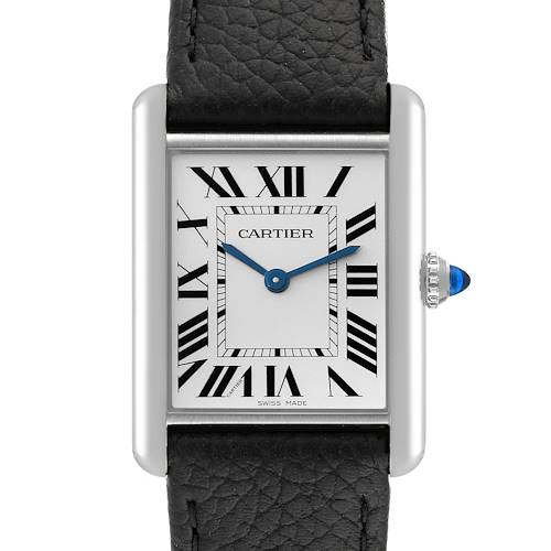 The image shows a frontal view of the Cartier Tank Must watch, showcasing the dial, case, crown, and leather strap.