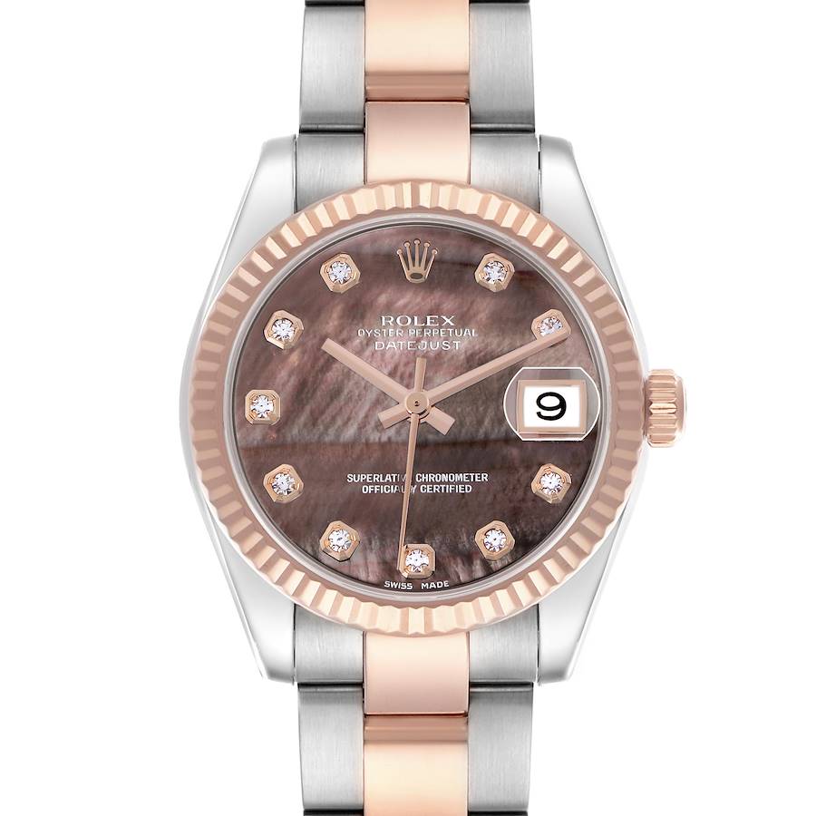 The Rolex Mid-Size watch is shown from the front, highlighting its dial, bezel, and bracelet.