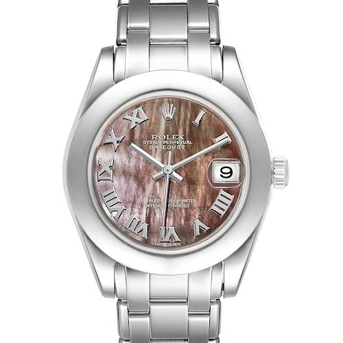 This image shows a frontal view of a Rolex Pearlmaster watch, highlighting the dial, bracelet, bezel, and crown.