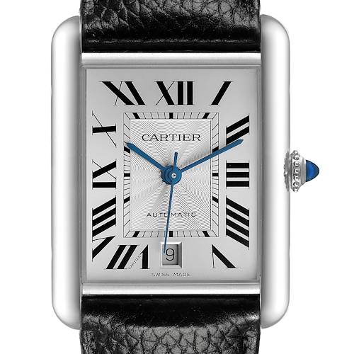 The Cartier Tank Must watch is shown from the front, highlighting the dial, hands, Roman numerals, and a date window.