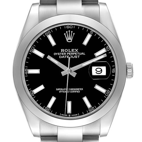 The Rolex Datejust 41 is shown from a front view, highlighting the dial, hands, bezel, and part of the bracelet.