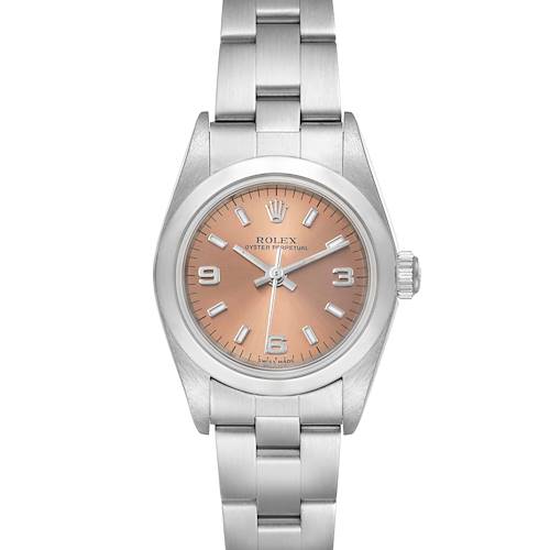 This image shows a front view of a Rolex Oyster Perpetual watch, highlighting its dial, bezel, and bracelet.