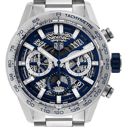 The image shows a front view of the Tag Heuer Carrera watch, highlighting its detailed chronograph dial and tachymeter bezel.