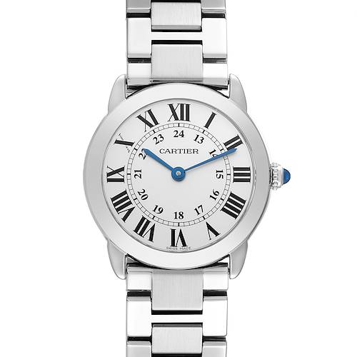 The image shows a Cartier Ronde watch from the front, highlighting the dial, Roman numerals, blue hands, and metal bracelet.