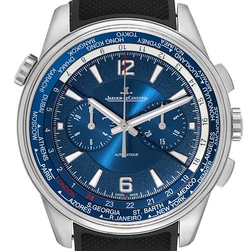 This is a front angle view of the Jaeger LeCoultre Polaris watch, showcasing its bezel, dial, hands, and crowns.