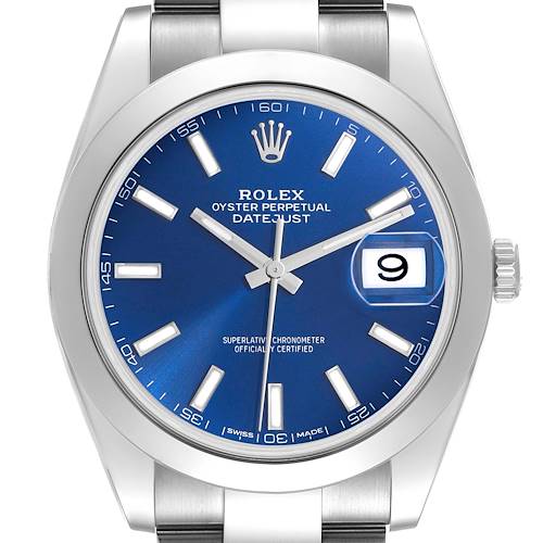 The Rolex Datejust 41 watch is shown from a front view, highlighting its blue dial, bezel, crown, and bracelet.