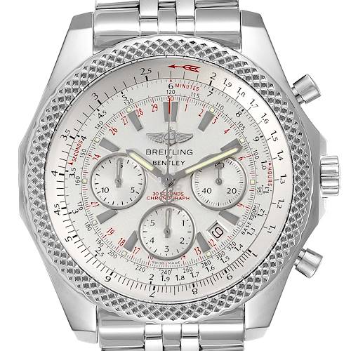 The image shows a front view of a Breitling Bentley watch, featuring its face, bezel, and part of the metal bracelet.