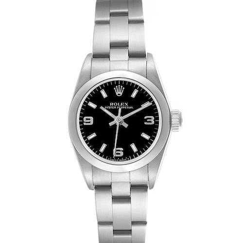 The image shows a Rolex Oyster Perpetual watch from a front angle, displaying the dial, case, and bracelet.
