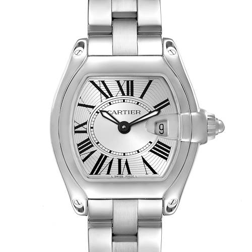 The image shows a frontal view of the Cartier Roadster watch, highlighting the face with Roman numerals and metal bracelet.