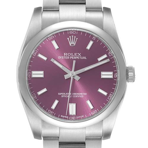 The image shows a front view of the Rolex Oyster Perpetual watch, highlighting its dial, hands, and part of the bracelet.