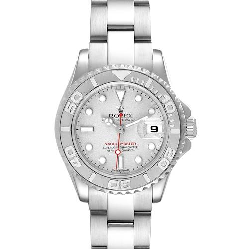 This image shows a frontal view of the Rolex Yacht-Master watch, highlighting the dial, bezel, and bracelet.
