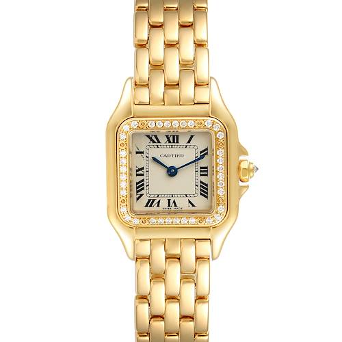 This image shows a Cartier Panthere watch from a top-down angle, displaying its gold bracelet, diamond bezel, and Roman numeral dial.