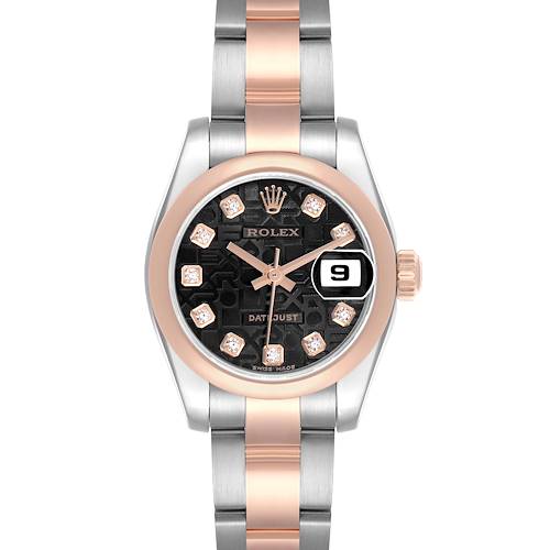 The Rolex Datejust watch is shown from a front angle, highlighting the dial, bezel, bracelet, and date feature.