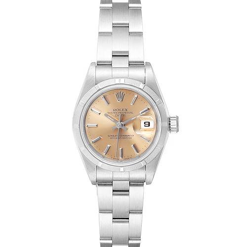The Rolex Date watch is shown in a front view, displaying the dial, date window, bezel, and part of the bracelet.